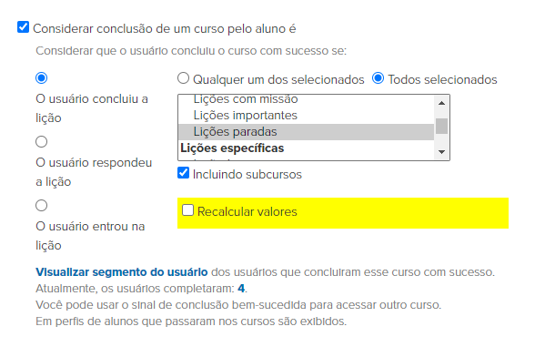 <p>Não há aulas no curso em si, há apenas o subcurso. <br>Considera-se como conclusão do curso a conclusão de todas as aulas pausadas em todos os subcursos.</p> <p>Não há aulas no curso em si, há apenas o subcurso. <br>Considera-se como conclusão do curso a conclusão de todas as aulas pausadas em todos os subcursos.</p>